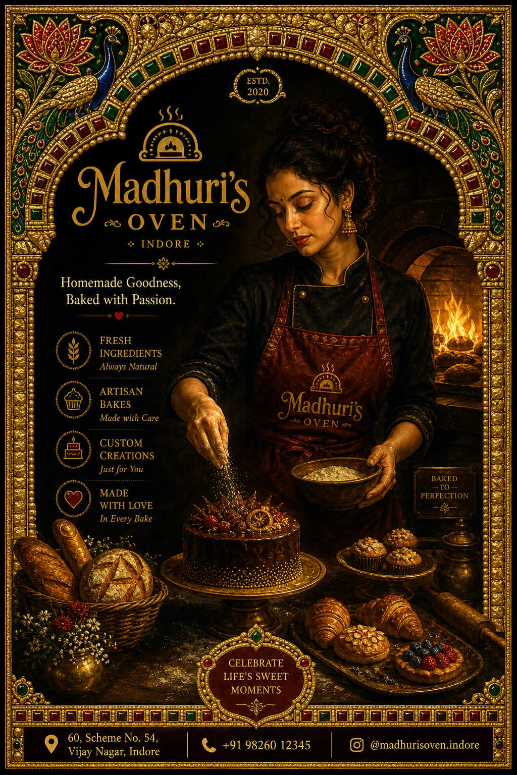 Madhuri Joshi at her bakery counter decorating a 2-tier eggless cake with saffron rosettes — Madhuri's Oven backdrop, 100% Eggless and Pure Veg / शुद्ध शाकाहारी signage visible
